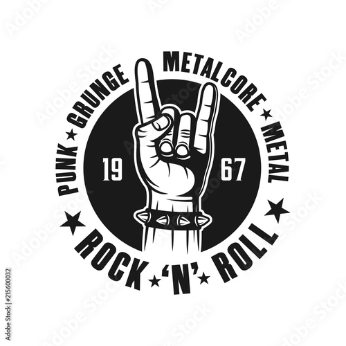 Rock n roll vector black emblem with hand gesture