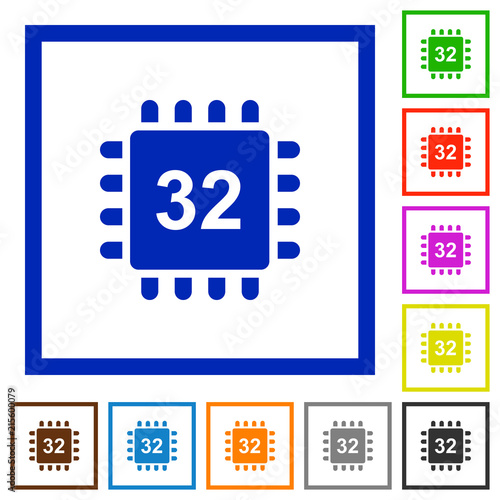 Microprocessor 32 bit architecture flat framed icons