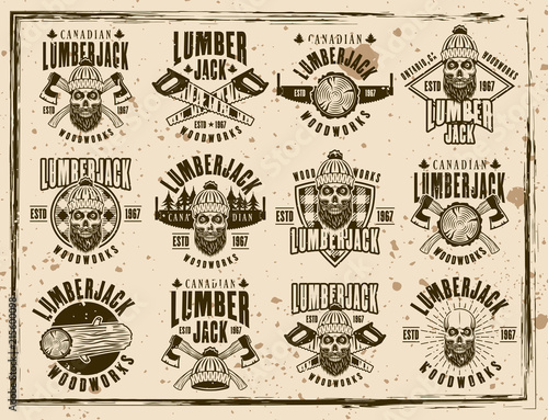 Lumberjack and woodworks vector emblems