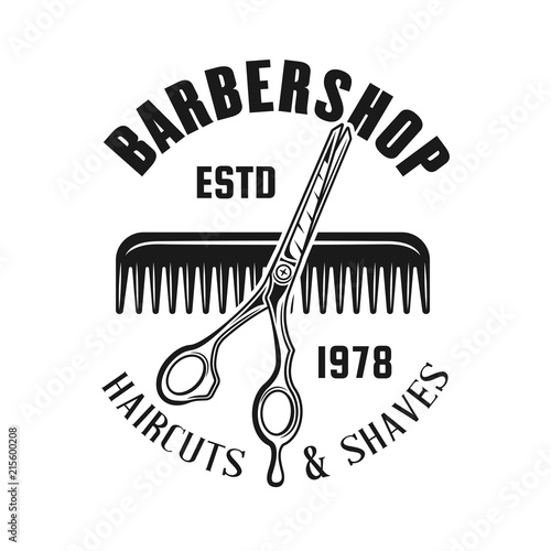 Barbershop emblem with scissors and hair comb