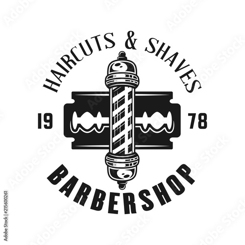 Barbershop emblem with blade and striped pole
