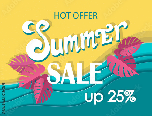 Summer sale banner, signboard, decor for the store. Top view of beach and sea, background, vector. Girl in swimsuit