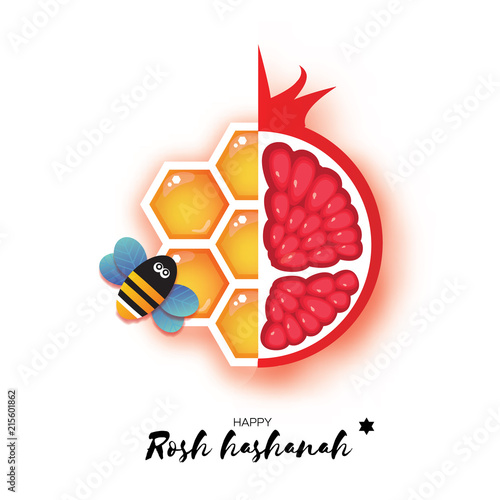 Red ripe pomegranate and gold honeycomb. Jewish New Year, Rosh Hashanah Greeting card. Origami Honey Bee in paper cut style. Happy holiday in Hebrew. White background.