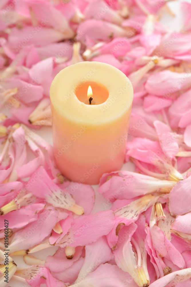 Pile of pink tropical petals and candle Pile of pink tropical petals and candle