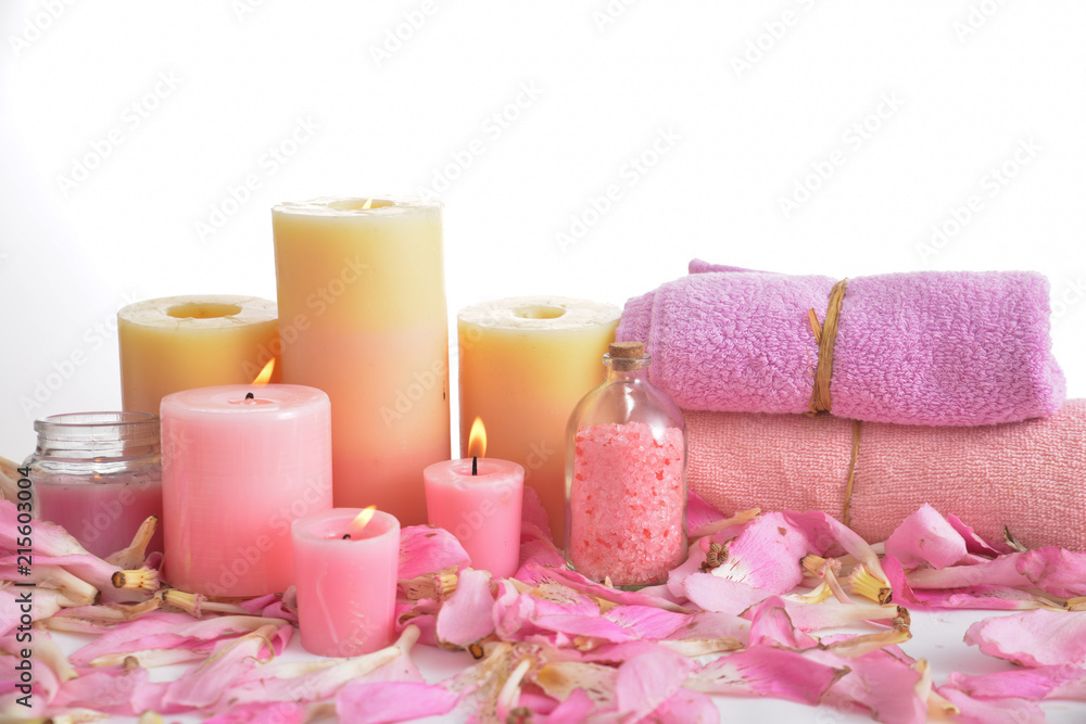 Tropical setting on many pink petals background Tropical setting on many pink petals background
