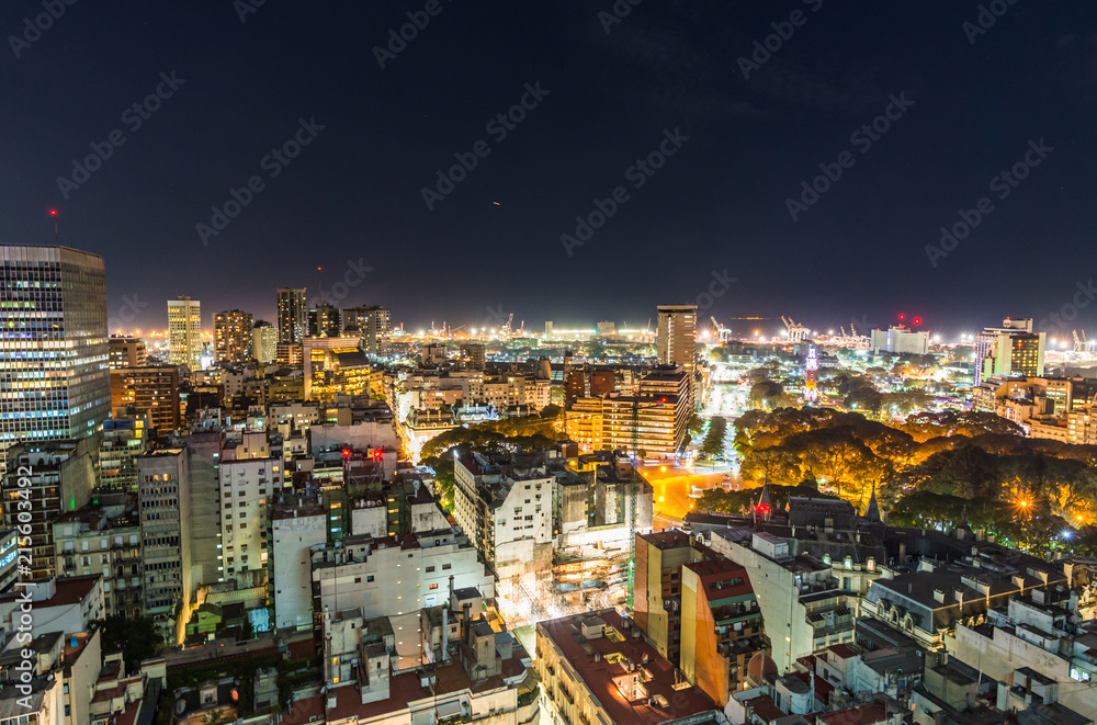 Downtown central area of Buenos Aires, Argentina, cityscape panoramic photo at night