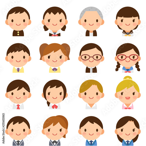 様々な学生　男女　顔　かわいい　フラットアイコン　セット