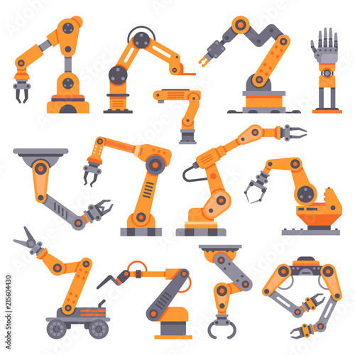 Flat manufacture robotic arm. Automatic robot arms, auto factory conveyor industrial equipment. Electronics robots hands vector set photo