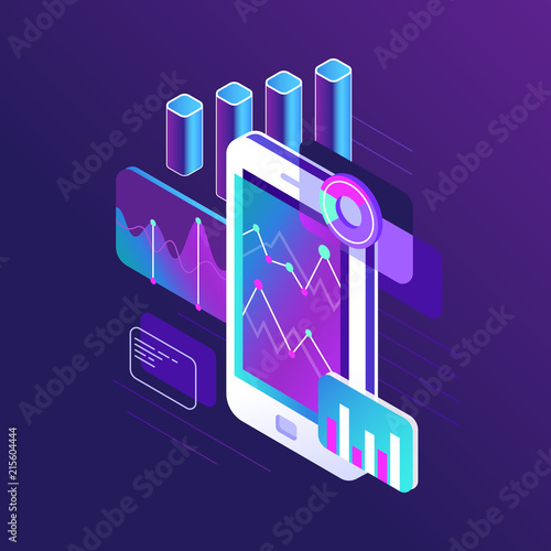 Data research infographic, trends graph and business strategy charts on smartphone screen. Trend chart 3d isometric vector illustration