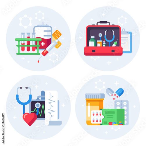 Medicine pills flat background. Pharmaceutical drugs, pharmacy laboratory and clinical treatment icon. Medical help vector illustration