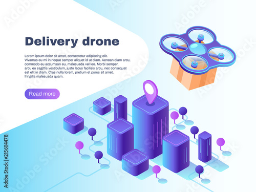 Modern futuristic delivery system with unmanned drone. Flight copter delivering parcel vector concept illustration