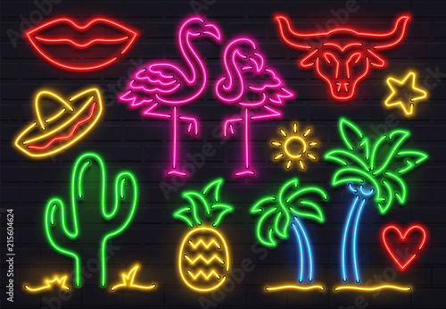 Retro fashion neon sign. Glowing fluorescent cactus, pink flamingo and bull signs. Bright palm, sombrero and pineapple vector set