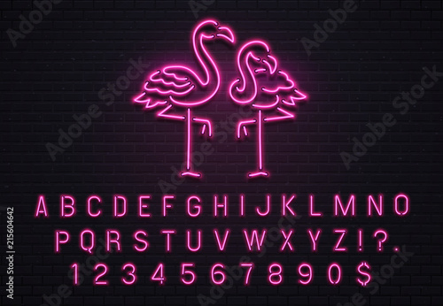 Flamingo neon sign. Pink 80s font. Tropical flamingos electric glow bar billboard with purple light bulb letters vector illustration