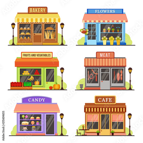 Flat store. Modern shop, boutique shopfront and restaurant facade design. Shopping stores cartoon illustration set
