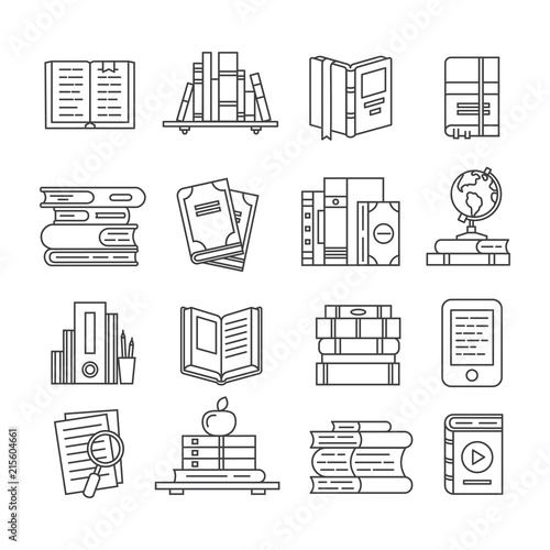 Line Art book icons. Literary magazines, study diary and bible. Open textbook, ebook and audio books thin outline icon vector set
