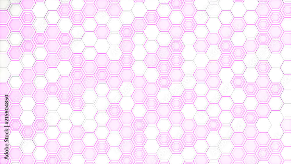 Abstract 3d background made of white hexagons on purple glowing background