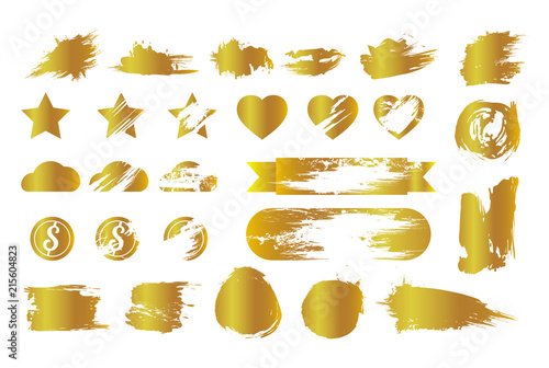 Vector set of composed golden stickers for scratch on lottery ticket with symbols and smudges isolated on white background