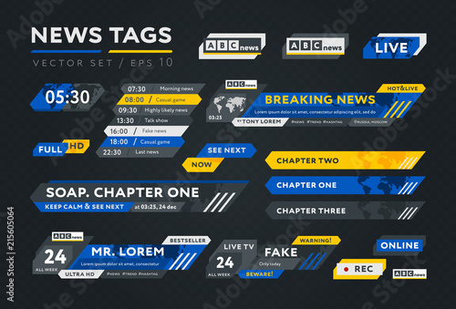 Vector set of various tags for news channels and streaming composed on black background 