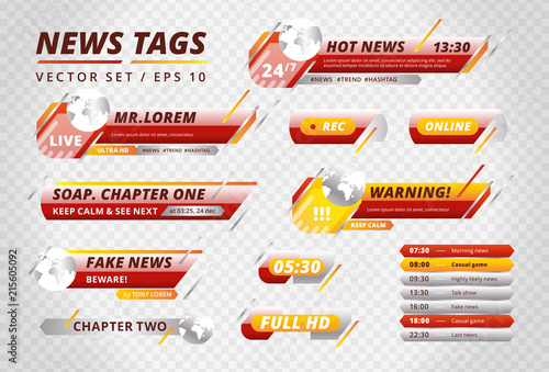 Set of colorful red and yellow tags and bars for news broadcasting arranged on checkered background