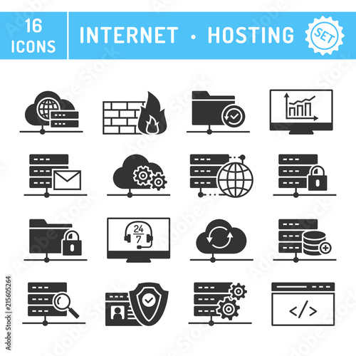Internet hosting cloud services icons set