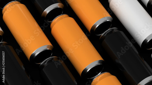 Raws of black, white and orange soda cans