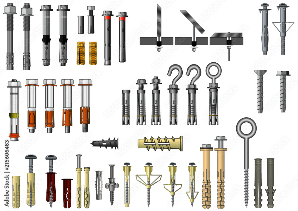 Set of metal and plastic fasteners: anchors, throughbolts, plugs, screws, hook bolts, concrete screws, drywall fixings - obrazy, fototapety, plakaty 