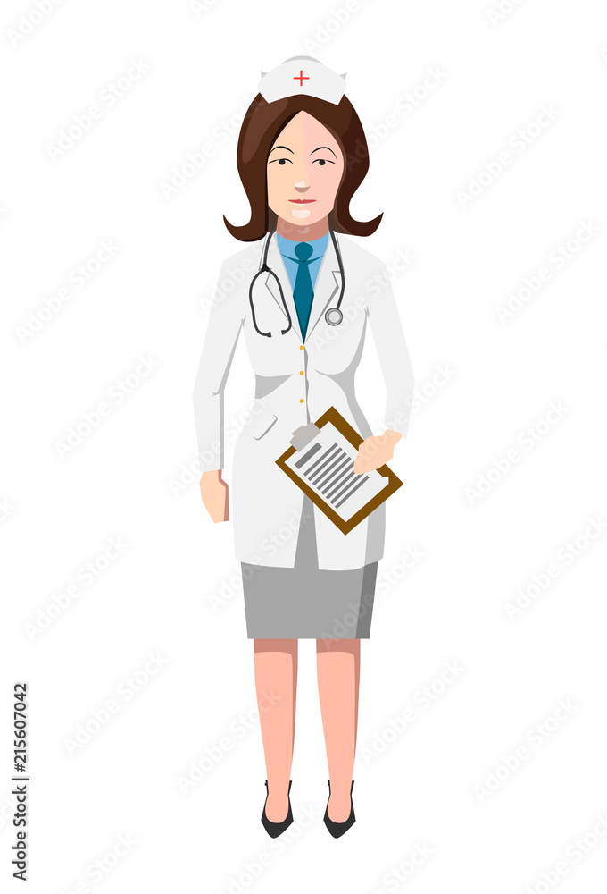 Doctor in white robe with stroboscope, flat woman character on white Doctor in white robe with stroboscope, flat woman character on white