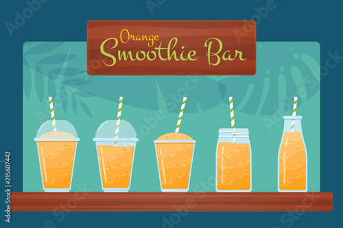 Orange raw fruit smoothies vector set. Tasty blended vitamin beverage in jar, glass and bottle, wooden sign Smoothie Bar and tropical leaves background for health food restaurant summer menu template
