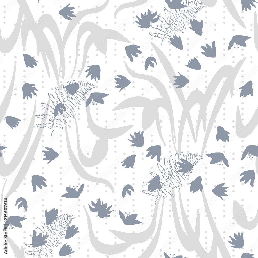 Vector floral seamless pattern with hand drawn scilla or snowdrop flowers and fern leaves. Modern decorative background in pastel colors. Vector floral seamless pattern with hand drawn scilla or snowdrop flowers and fern leaves. Modern decorative background in pastel colors.