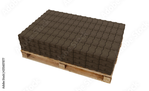 3D realistic render of brown lock paving, placed on wooden palette. Isolated on white background.