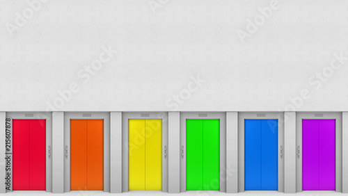 3d rendering. lgbt rainbow colorful elevator door style with copy space gray cement wall backgorund. everyone can entrance concept.