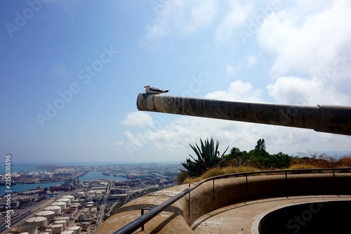 A bird sitting on a gun barrel, hanging in the air.