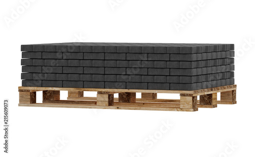 3D realistic render of black lock paving, placed on wooden palette. Isolated on white background.