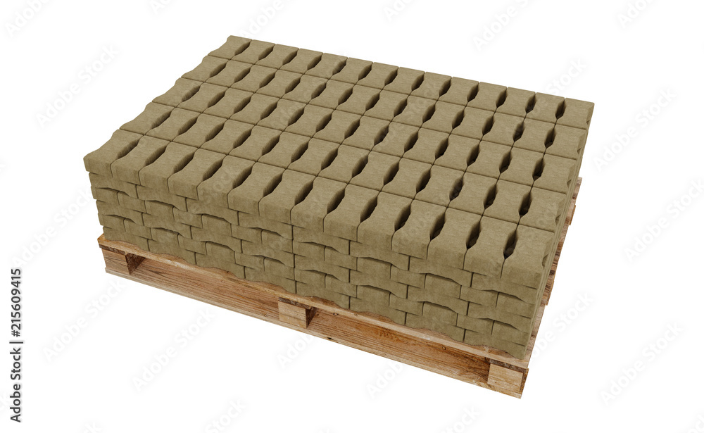 3D realistic render of yellow lock paving, placed on wooden palette. Isolated on white background. 3D realistic render of yellow lock paving, placed on wooden palette. Isolated on white background.