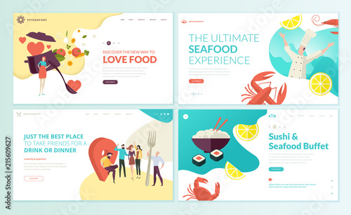 Set of web page design templates for organic food and drink, natural products, restaurant, online food ordering, recipes. Vector illustration concepts for website and mobile website development. 