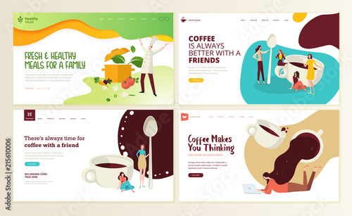 Set of web page design templates for organic food and drink, natural products, restaurant, online food ordering, recipes. Vector illustration concepts for website and mobile website development. 