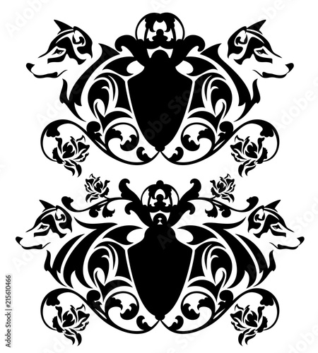 heraldic emblems with shield, wolf heads and rose flowers - black and white vector design