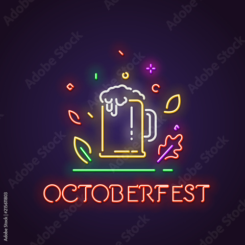 Oktoberfest or octoberfest festival. Glowing neon sign of big glass with fresh yellow live beer and white foam. Bar letters glowing in retro colors. Beer festival or bar concept. 