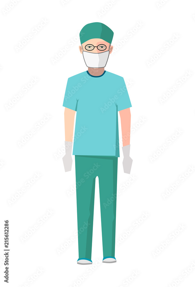 Surgeon in green medical uniform and white gloves, flat character on white Surgeon in green medical uniform and white gloves, flat character on white