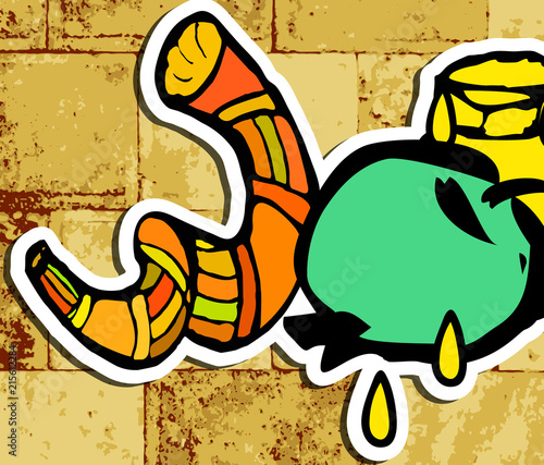 Western Wall, Jerusalem. The Wailing Wall. The inscription 5779. Shana Tova Rosh Hashanah. doodle. Translated Hebrew Happy New Year. Shofar, honey, apple. sticker. Vector illustration.