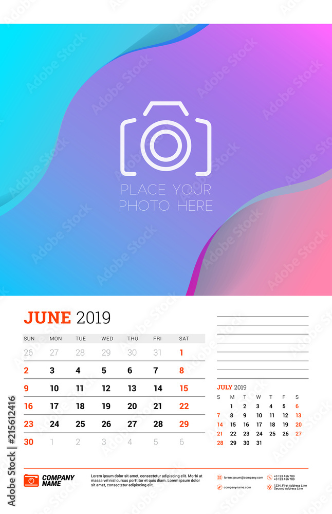 Fototapeta premium Wall calendar planner template for June 2019. Week starts on Sunday. Vector illustration