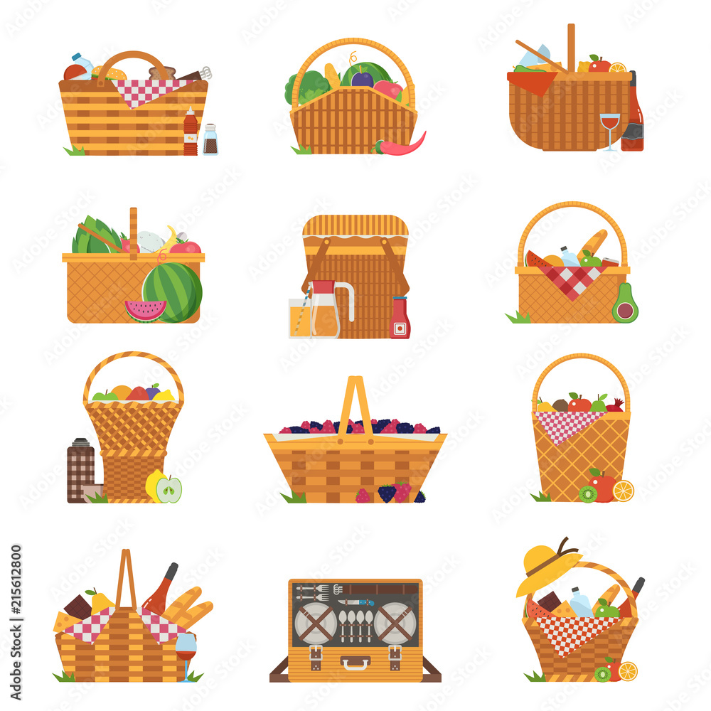 Wicker and willow picnic baskets isolated on white. Various weaving hampers in flat design. Straw picnic basket icon set with wine, bread, fruits and vegetables.