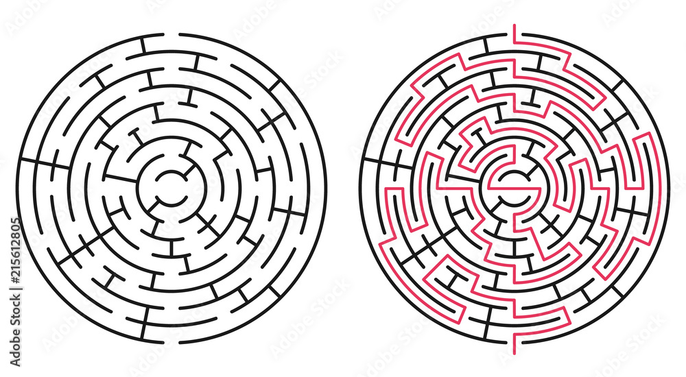 Abstract circle maze / labyrinth with entry and exit. Vector labyrinth 237. Abstract circle maze / labyrinth with entry and exit. Vector labyrinth 237.