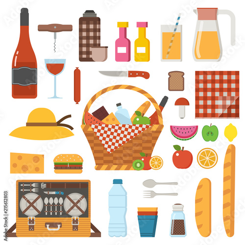 Summer picnic party icons set. Family weekend collection with cartoon straw picnic basket, food, juice, wine and cooking utensils. Cookout and outing design elements in flat design.