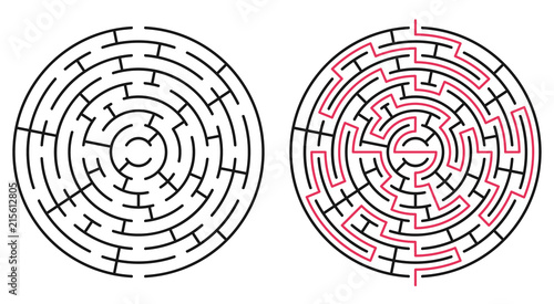 Abstract circle maze / labyrinth with entry and exit. Vector labyrinth 237.