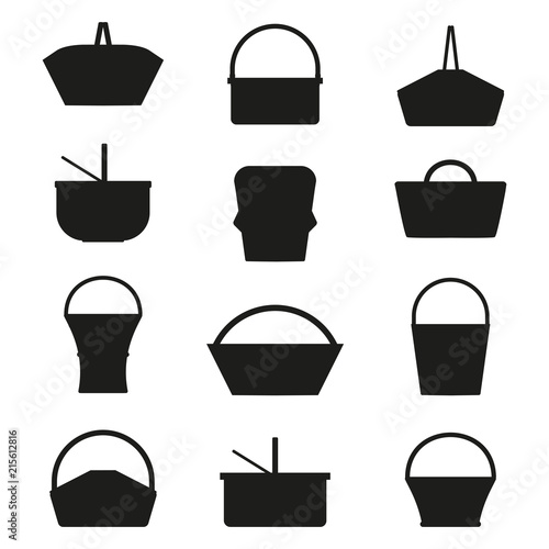 Wicker and willow picnic baskets silhouettes. Collection of various weaving hampers with handles. Straw basket outline shapes.