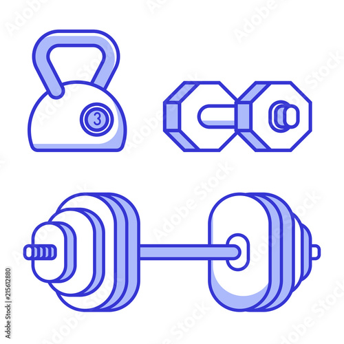 Barbell, kettle bell and dumbbells icon set. Outline gym weights isolated on white background.