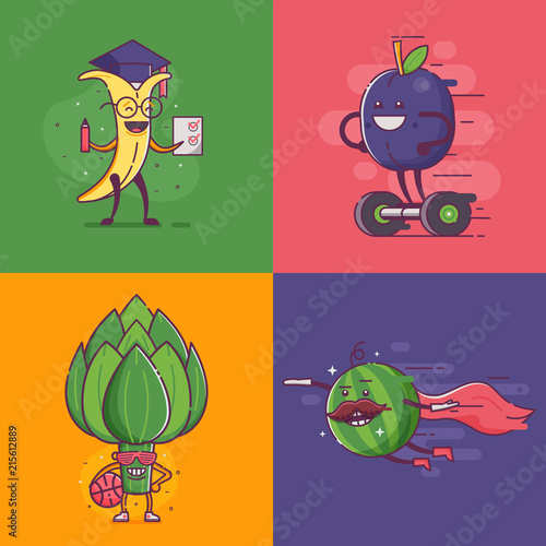 Quirky fruit and vegetable characters for vegan social networks and healthy lifestyle advertising. Flat vegetables and fruits on daily activities. Funny banana, plum, artichoke and super hero melon.