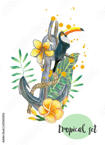 Anchor/ floral illustration with anchor, rope and flower bouquet with green leaves and birds/Illustrationfor design wedding invitations, greeting cards. photo