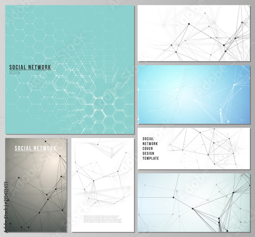 The minimalistic vector editable layouts of modern social network mockups in popular formats. Technology, science, medical concept. Molecule structure, connecting lines and dots. Futuristic background